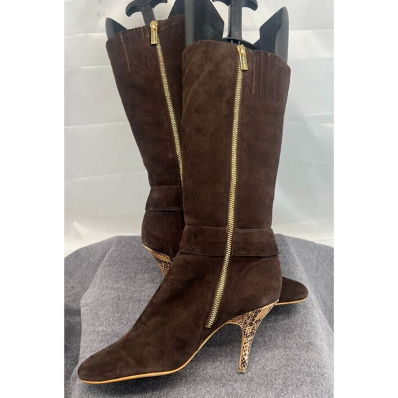 Michael Kors Brown Suede Leather Tall Boots High Heel Gold Emblem Size 9 - Picture 4 of 10